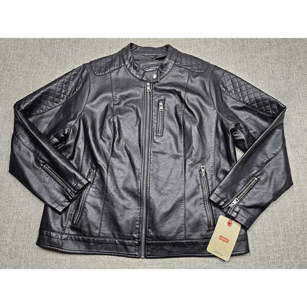 Levis Jacket Womens 1X Black Faux Leather Moto Quilted Zip Pockets LW7YU263